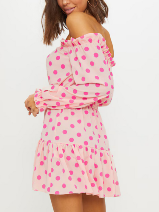 Pink Polka Dot Off Shoulder Mini Dress