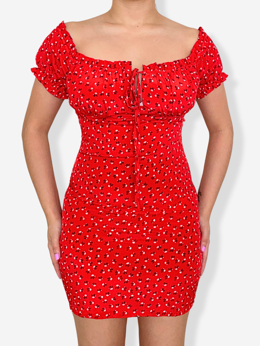 Red Ditsy Floral Smocked Bodycon Dress