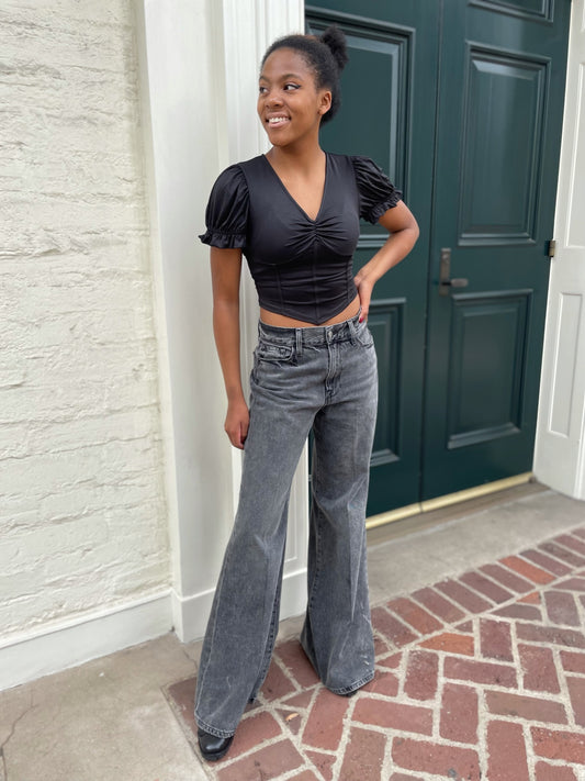 Black Corset Top with Puff Sleeves