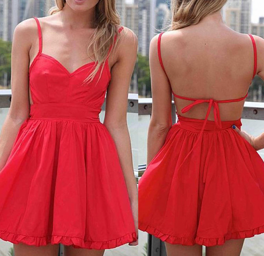 Red Open Back Ruffle Hem Dress