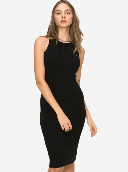 Black Ribbed Midi Cross Back Dress