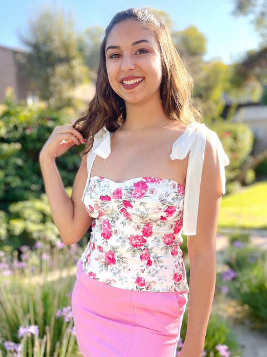 Floral Corset Top with Bow Straps