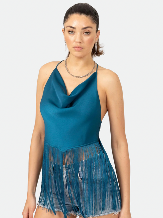 Turquoise Halter Fringe Top