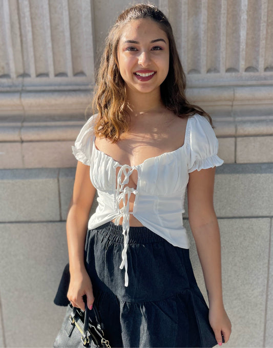 White Tie Front Blouse with Puff Sleeves