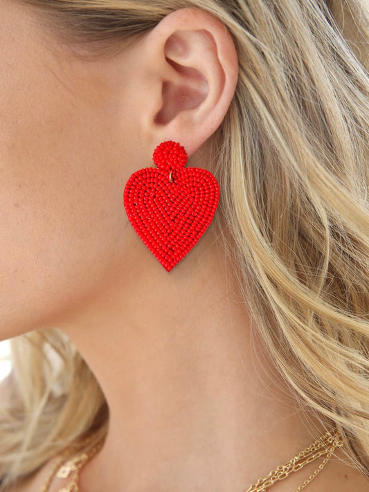 Red Beaded Heart Earrings