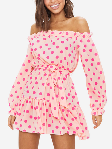 Pink Polka Dot Off Shoulder Mini Dress