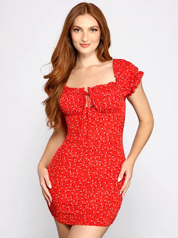 Red Ditsy Floral Smocked Bodycon Dress