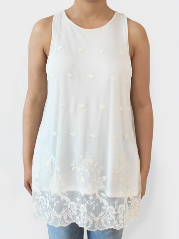 White Embroidered Sleeveless Top
