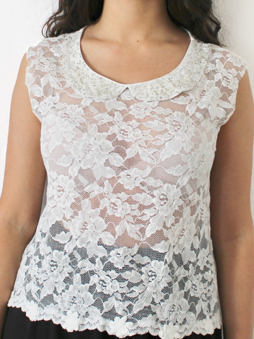 White Lace Tank with Beaded Collar