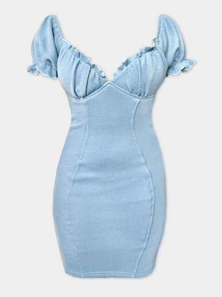 Puff Sleeve Bodycon Dress - Blue