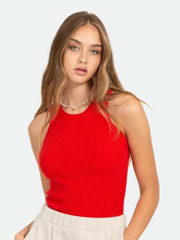 Red Sleeveless Ribbed Sweater